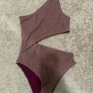 Brand New Asymmetrical Brown/Purple Shimmery Cutout Swimsuit
